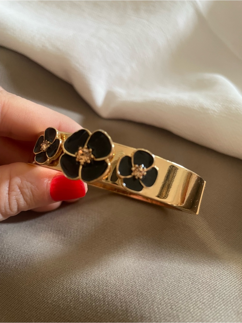 kate spade Gold Cuff Bracelet with Black Floral Enamel